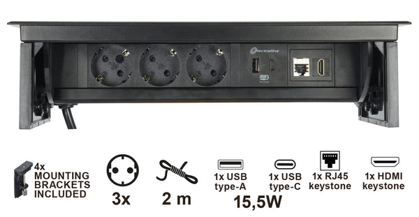 Electraline 62577 Multipresa a Scomparsa Pop-up per Scrivania/Tavolo Presa a incasso 3 Prese Schuko + 2 USB 3.1A (1 tipo A + 1 tipo C) 15.5W + 1 presa HDMI + 1 presa RJ45, Cavo 2M