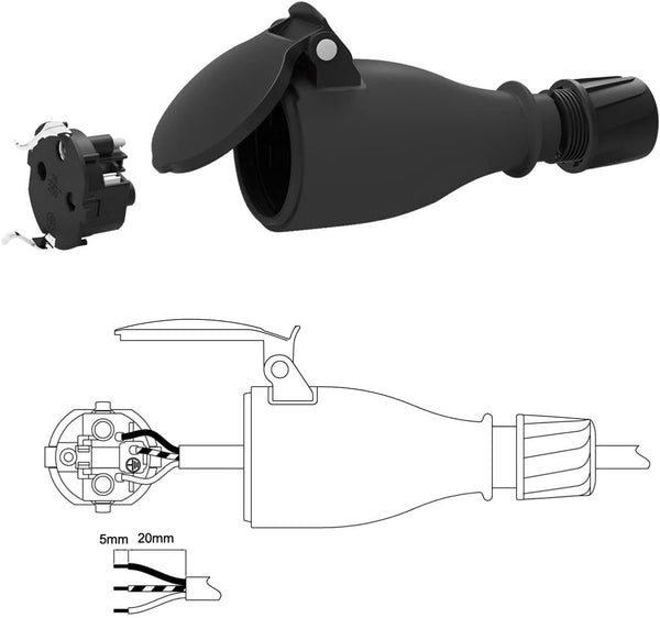 Presa Professionale Schuko, Protezione IP54, con Tappo con Chiusara a Molla Automatica per Consentire Operazione a Mano, Colori: Nero; Rosso/Nero