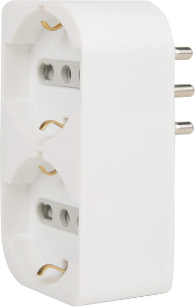 Adattatore Doppio, Multipresa due Posti frontali P40 polivalenti (10/16A+Schuko tedesca), Spina fuoriasse 16A grande Italiana, Nero/ Bianco