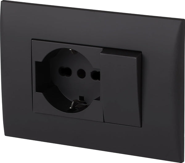 Blocco Presa Universale + Deviatore con Placca/Set Placca Premontata 1 Presa universale P40 16A + 1 Deviatore 10A, due viti di montaggio, Bianco/Nero