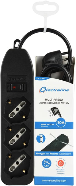 Multipresa 3 Posti polivalenti, Cavo 1.5m, Spina Piccola 10 A, 3 Posti, Nero/Bianco