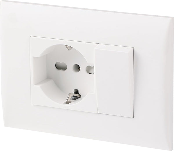 Blocco Presa Universale + Deviatore con Placca/Set Placca Premontata 1 Presa universale P40 16A + 1 Deviatore 10A, due viti di montaggio, Bianco/Nero