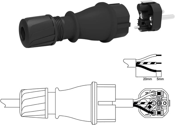 Spina Professionale Schuko, Protezione IP54, con Ghiera di Bloccaggio Cavo per Facilitare il Cablaggio, Colori: Nero, Rosso/Nero