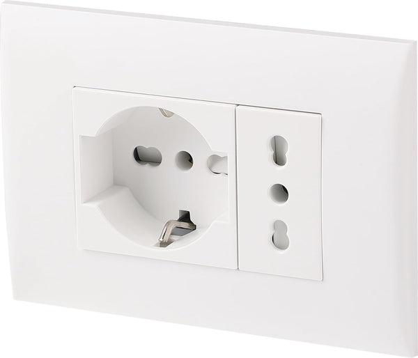 Blocco presa da incasso/Set Placca Premontata 2 posti (1 Presa universale P40 + 1 Presa Bivalente 10/16A), due viti di montaggio, Bianco/Nero
