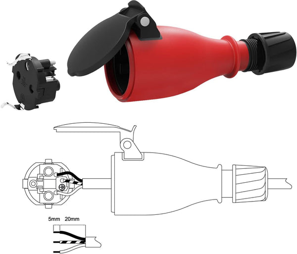 Presa Professionale Schuko, Protezione IP54, con Tappo con Chiusara a Molla Automatica per Consentire Operazione a Mano, Colori: Nero; Rosso/Nero