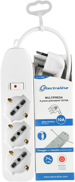 Multipresa 3 Posti polivalenti, Cavo 1.5m, Spina Piccola 10 A, 3 Posti, Nero/Bianco