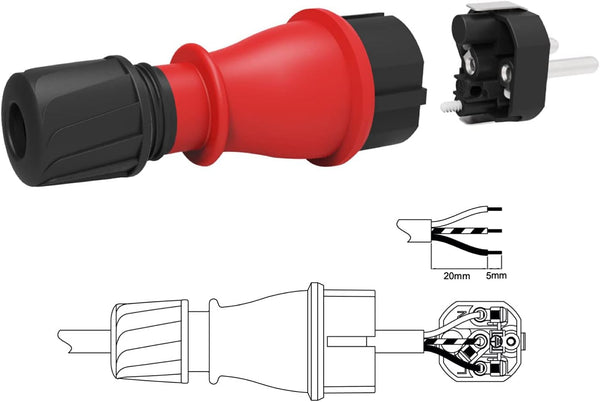 Confezione da 3 Spine Professionali Schuko, Protezione IP54, con Ghiera di Bloccaggio Cavo per Facilitare il Cablaggio, Rosso