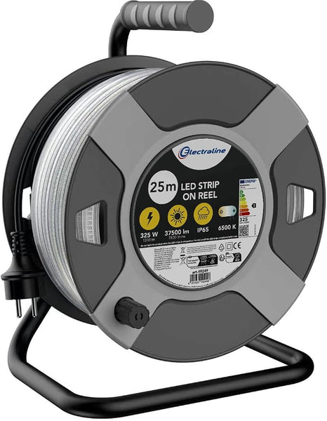 Electraline 49249 Striscia LED 25M, IP65, con Avvolgicavo, 37500 Lumen, 6500K, cavo 1,5m H05RN-F, Spina EU 16A IP44 Nero/Grigio