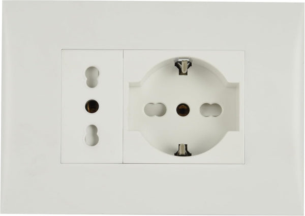 Blocco presa da incasso/Set Placca Premontata 2 posti (1 Presa universale P40 + 1 Presa Bivalente 10/16A), due viti di montaggio, Bianco/Nero