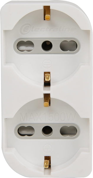 Adattatore Doppio, Multipresa due Posti frontali P40 polivalenti (10/16A+Schuko tedesca), Spina fuoriasse 16A grande Italiana, Nero/ Bianco