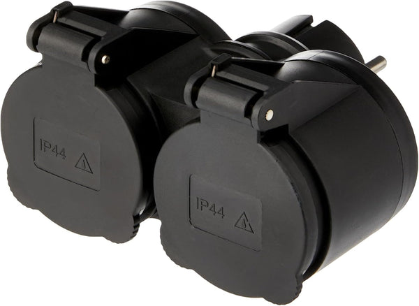 Adattatore da Esterno 2 prese Schuko, Resistente all'acqua IP44, Spina tedesca, Multipresa 2 posti schuko con tappo, Nero