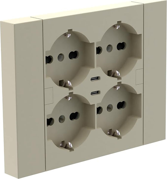 Multipresa da incasso Quadra 4 Posti Universali P40 + 2 USB-C, compatibile con tutte le scatole da incasso 3 posti (muratura o cartongesso)