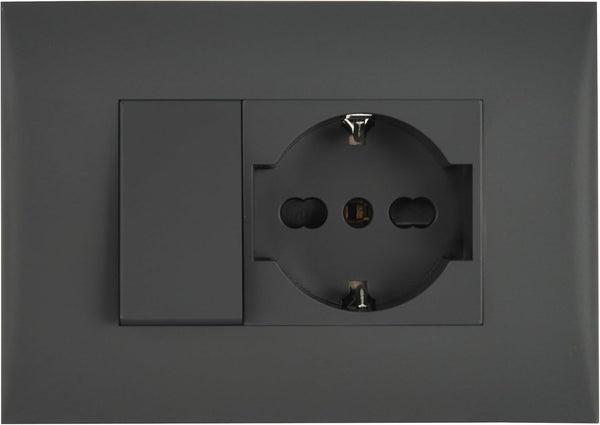 Blocco Presa Universale + Deviatore con Placca/Set Placca Premontata 1 Presa universale P40 16A + 1 Deviatore 10A, due viti di montaggio, Bianco/Nero