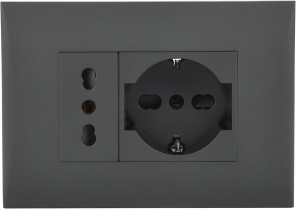 Blocco presa da incasso/Set Placca Premontata 2 posti (1 Presa universale P40 + 1 Presa Bivalente 10/16A), due viti di montaggio, Bianco/Nero