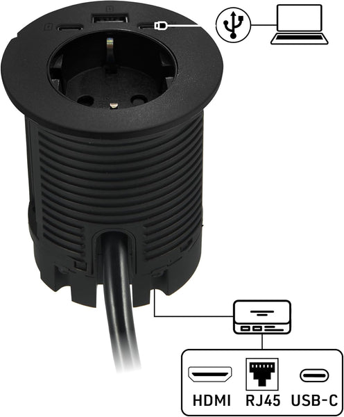 Multipresa Scrivania/Presa da Incasso Grommet da Tavolo con Power Delivery 25W 2 USB (1 di tipo C+ 1 di tipo A) + 1 HUB USB-C 2M, D60mm, 1 Presa Schuko + Spina Schuko