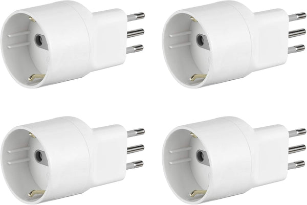 Set di 4 Adattatori Speciali Disassata Salvaspazio da Schuko a Spina Piccola Italiana 10A, Nero/Bianco, Confezione da 4