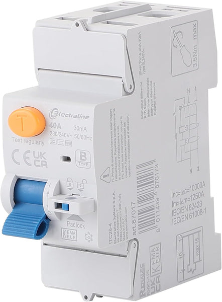 Interruttore differenziale, 40A, sensibilità 30mA Monofase, tipo B (adatto per impianti fotovoltaici, colonnine di ricarica EV, e convertitori di potenza)