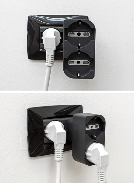 Adattatore Doppio, Multipresa due Posti frontali P40 polivalenti (10/16A+Schuko tedesca), Spina fuoriasse 16A grande Italiana, Nero/ Bianco