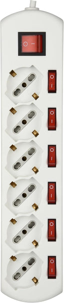 Multipresa 6 posti universali con 6 interruttori indipendenti + 1 generale