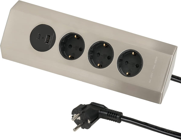 Multipresa da cucina in acciaio inox, fissabile a muro con 3 prese tedesche Schuko + 2 USB (1 tipo A e 1 tipo C) 3.1A 15.5W, Cavo 2m H05VV-F sezione 3G1.5 mm