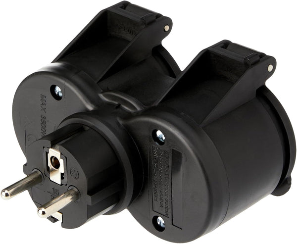 Adattatore da Esterno 2 prese Schuko, Resistente all'acqua IP44, Spina tedesca, Multipresa 2 posti schuko con tappo, Nero