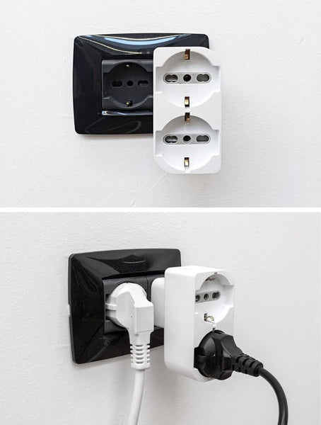 Adattatore Doppio, Multipresa due Posti frontali P40 polivalenti (10/16A+Schuko tedesca), Spina fuoriasse 16A grande Italiana, Nero/ Bianco