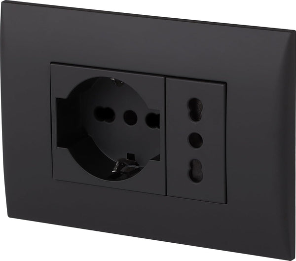 Blocco presa da incasso/Set Placca Premontata 2 posti (1 Presa universale P40 + 1 Presa Bivalente 10/16A), due viti di montaggio, Bianco/Nero