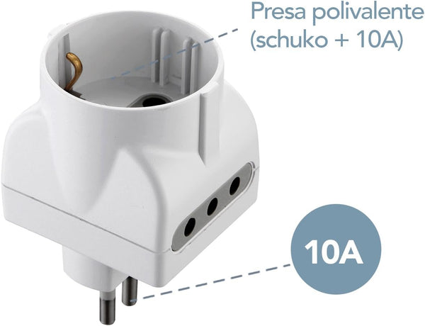 Set 5 Adattatori 3 Posti 1 Schuko + 2 10A, Bianco, Confezione da 5
