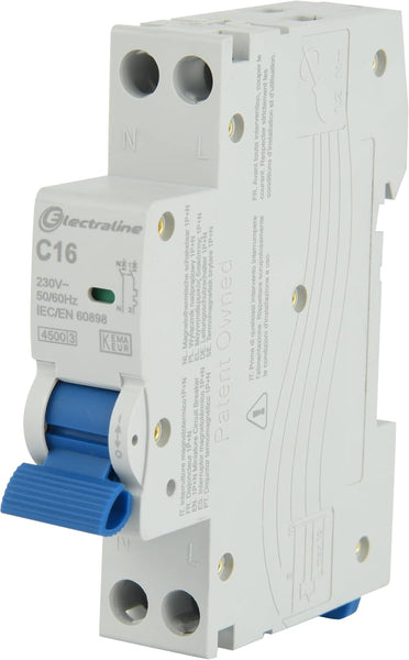 Interruttore Magnetotermico 2A/16A/16A/20A/25A/32A, curva C (protezione ottimale contro sovracorrenti e cortocircuiti), 1P+N, 4,5kA, 240V, certificati CE, KEMA-KEUR, e UKCA
