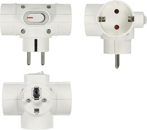 Adattatore Triplo 3 prese laterali, Spina tedesca, Multipresa 3 posti schuko, con interruttore ON/OFF Bianco/Nero