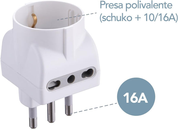 Set 5 Adattatori 3 Posti 1 Schuko + 2 Bivalenti 10/16A, Bianco/ Nero, Confezione da 5