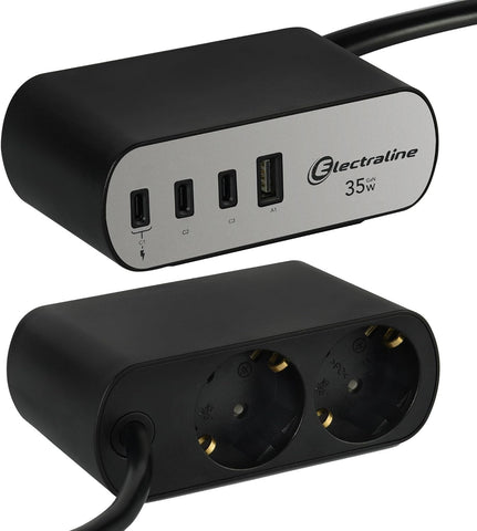 Electraline 62583 Multipresa Scrivania Electradock 2 Prese Schuko + 1 USB-A + 3 USB C 35W Power Delivery, Cavo H05VV-F 3G1.5 lunghezza 2M, Alluminio/Nero