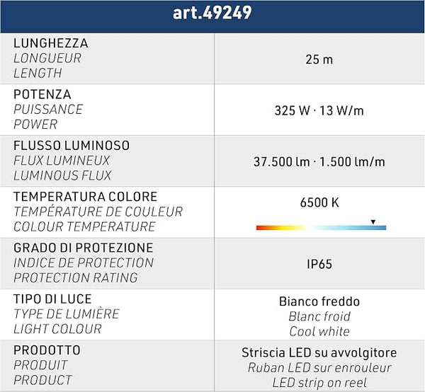 Electraline 49249 Striscia LED 25M, IP65, con Avvolgicavo, 37500 Lumen, 6500K, cavo 1,5m H05RN-F, Spina EU 16A IP44 Nero/Grigio