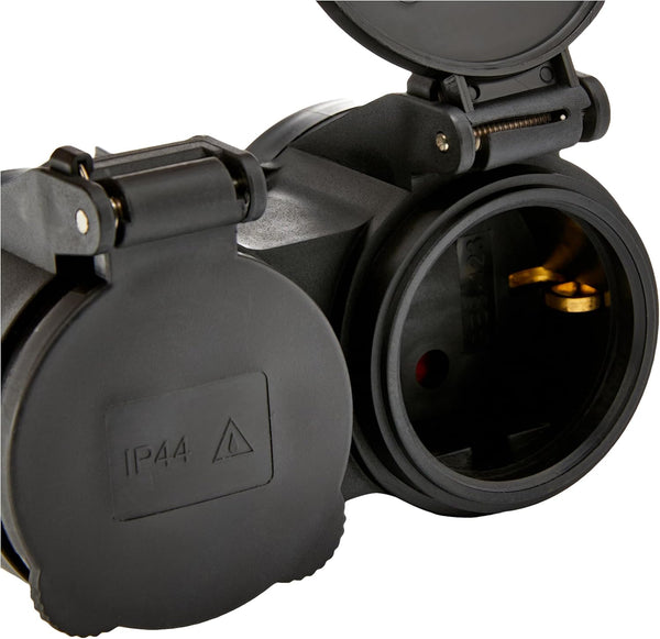 Adattatore da Esterno 2 prese Schuko, Resistente all'acqua IP44, Spina tedesca, Multipresa 2 posti schuko con tappo, Nero