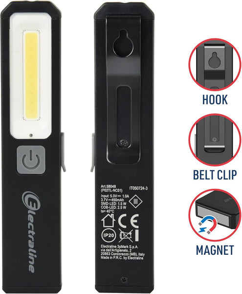 Torcia LED in alluminio 200+100 Lumen, Luce bianca fredda 5700W, con magnete integrato, batteria ricaricabile di 450mAh