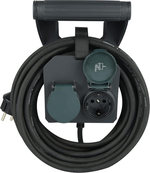 Prolunga elettrica Professionale 10m, IP44, 2 prese Schuko con tappi a chiusura automatica, Maniglia ergonomica con Avvolgi Prolunga, Avvolgicavo, Cavo H05RR-F 3G1.5, Nero
