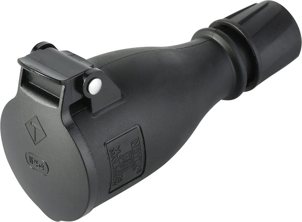 Presa Professionale Schuko, Protezione IP54, con Tappo con Chiusara a Molla Automatica per Consentire Operazione a Mano, Colori: Nero; Rosso/Nero