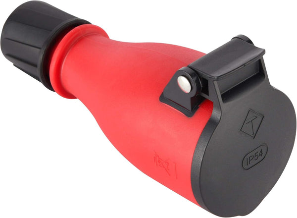 Presa Professionale Schuko, Protezione IP54, con Tappo con Chiusara a Molla Automatica per Consentire Operazione a Mano, Colori: Nero; Rosso/Nero