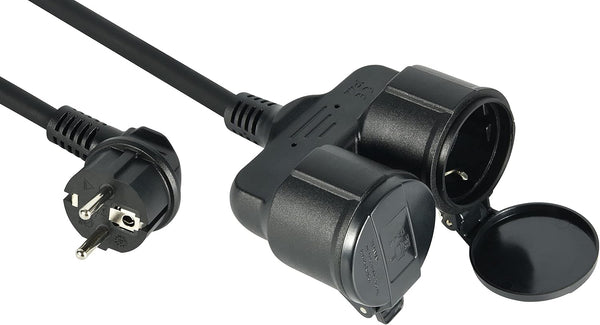 Prolunga 5m da Cantiere in Gomma Neoprene H07RN-F 3G1.5, Multipresa con doppia presa Schuko con coperchio IP44 per ambienti esterni, Spina Schuko, Nero