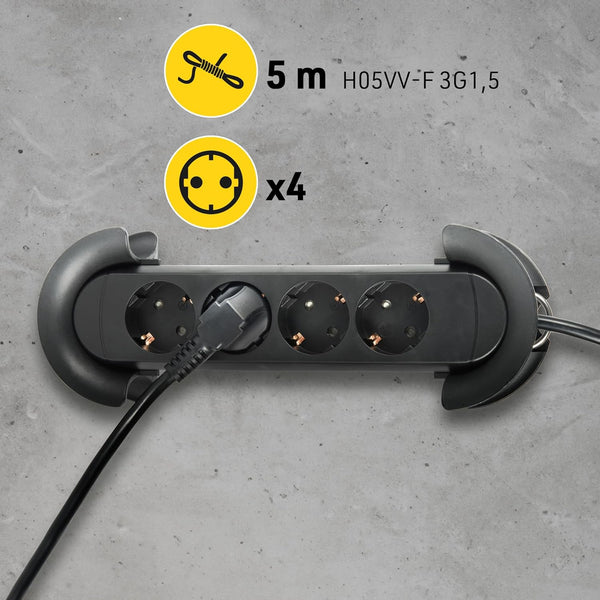Multipresa da Lavoro Pro-Line 4 Prese Schuko, Avvolgicavo con Prolunga 5 Metri, 4 Posti Schuko, Spina Schuko, Appendibile con ganci, dotata di fori per fascette