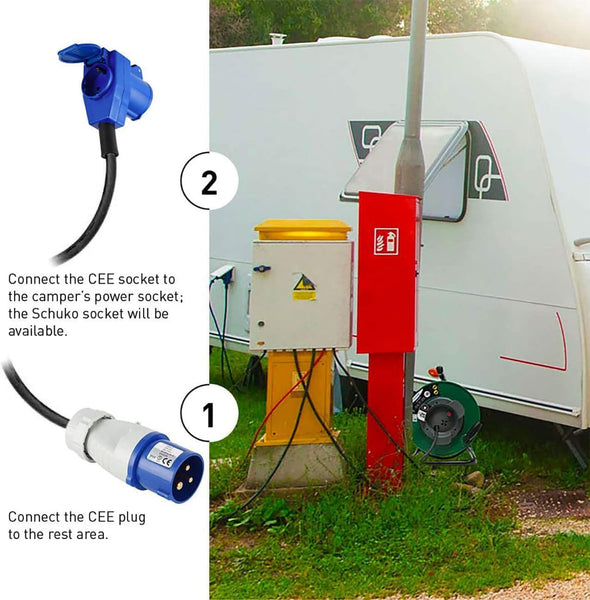 Prolunga con Avvolgicavo 20m per camper, campeggio, caravan, IP44, 2 prese (industriale+Schuko), Cavo AT-N07V3V3-F Sezione 3G2.5
