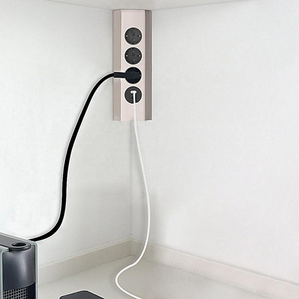 Multipresa da cucina in acciaio inox, fissabile a muro con 3 prese tedesche Schuko + 2 USB (1 tipo A e 1 tipo C) 3.1A 15.5W, Cavo 2m H05VV-F sezione 3G1.5 mm