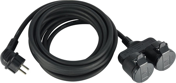 Prolunga 5m da Cantiere in Gomma Neoprene H07RN-F 3G1.5, Multipresa con doppia presa Schuko con coperchio IP44 per ambienti esterni, Spina Schuko, Nero