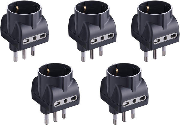 Set 5 Adattatori 3 Posti 1 Schuko + 2 Bivalenti 10/16A, Bianco/ Nero, Confezione da 5