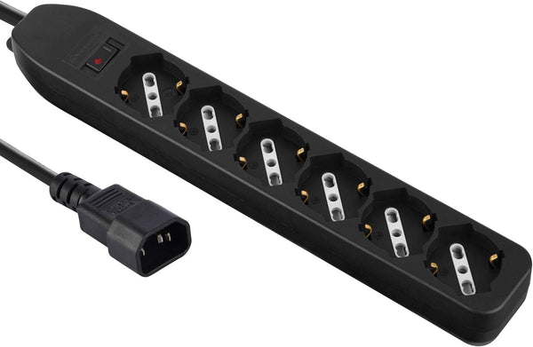 Multipresa per UPS con 6 posti bivalenti 10/16A con Interruttore di Sicurezza, Spina ingresso tipo VDE C14, Cavo 1,5m, Nero