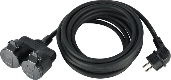 Prolunga 5m da Cantiere in Gomma Neoprene H07RN-F 3G1.5, Multipresa con doppia presa Schuko con coperchio IP44 per ambienti esterni, Spina Schuko, Nero