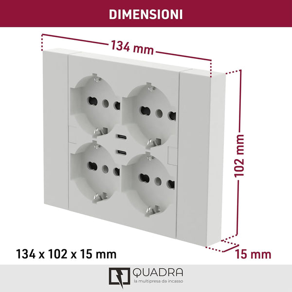Multipresa da incasso Quadra 4 Posti Universali P40 + 2 USB-C, compatibile con tutte le scatole da incasso 3 posti (muratura o cartongesso)