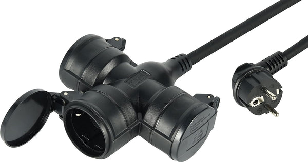 Prolunga/Adattatore 1.4m da Cantiere in Gomma Neoprene H07RN-F 3G1.5, Multipresa tripla con 3 prese Schuko con coperchio IP44 per ambienti esterni, Spina Schuko