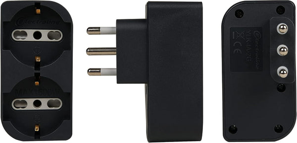 Adattatore Doppio, Multipresa due Posti frontali P40 polivalenti (10/16A+Schuko tedesca), Spina fuoriasse 16A grande Italiana, Nero/ Bianco