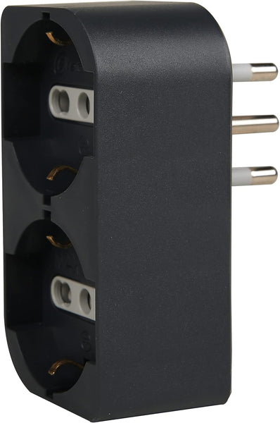 Adattatore Doppio, Multipresa due Posti frontali P40 polivalenti (10/16A+Schuko tedesca), Spina fuoriasse 16A grande Italiana, Nero/ Bianco
